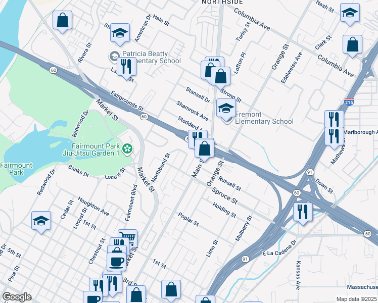 map of restaurants, bars, coffee shops, grocery stores, and more near 2215 Northbend Street in Riverside