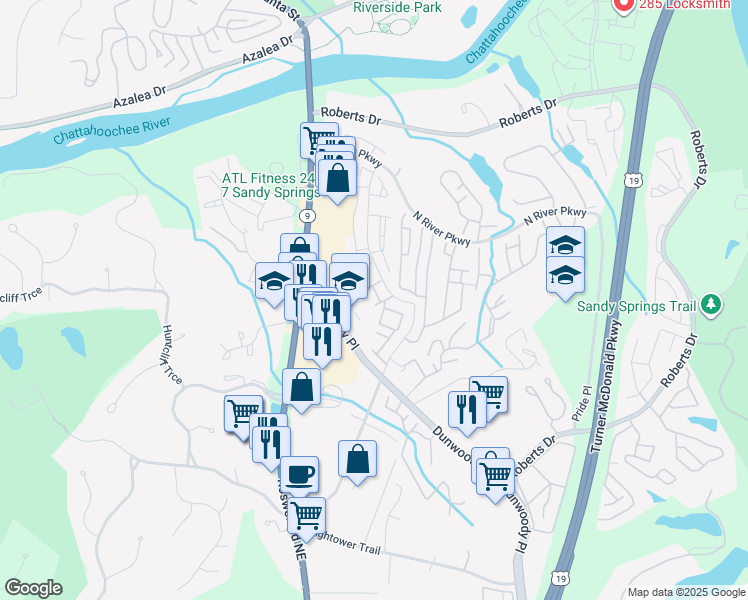 map of restaurants, bars, coffee shops, grocery stores, and more near 215 Winding River Drive in Sandy Springs
