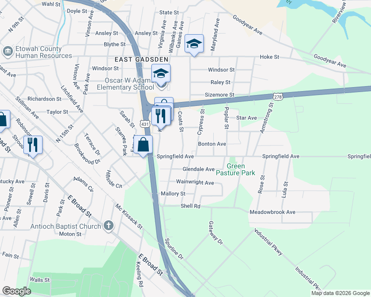 map of restaurants, bars, coffee shops, grocery stores, and more near 1407 Coats Street in Gadsden