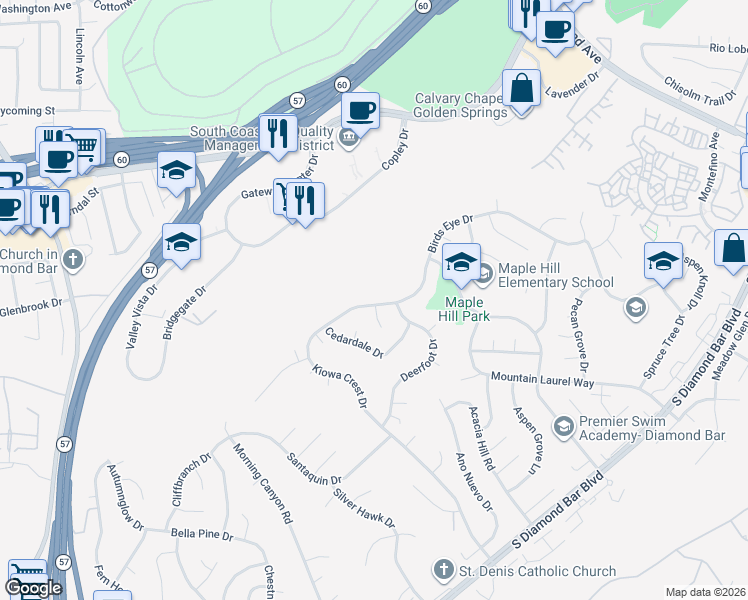 map of restaurants, bars, coffee shops, grocery stores, and more near 22077 Birds Eye Drive in Diamond Bar