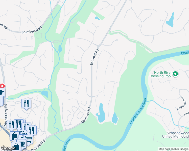 map of restaurants, bars, coffee shops, grocery stores, and more near 3400 River Ferry Drive in Alpharetta