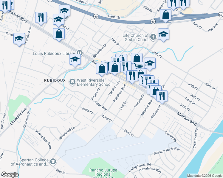 map of restaurants, bars, coffee shops, grocery stores, and more near 3925 Pontiac Avenue in Riverside