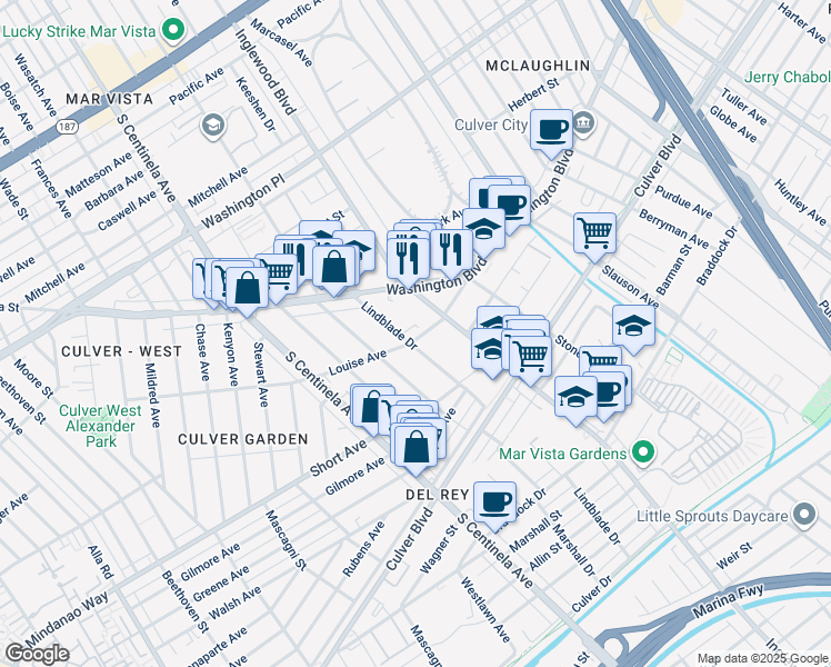 map of restaurants, bars, coffee shops, grocery stores, and more near 4280 Lindblade Drive in Los Angeles