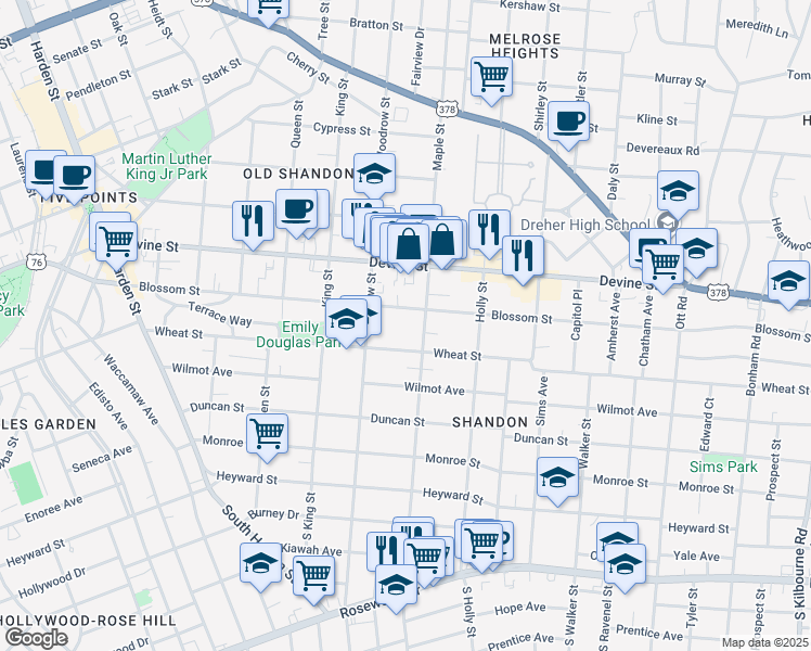 map of restaurants, bars, coffee shops, grocery stores, and more near 2729 Wheat Street in Columbia
