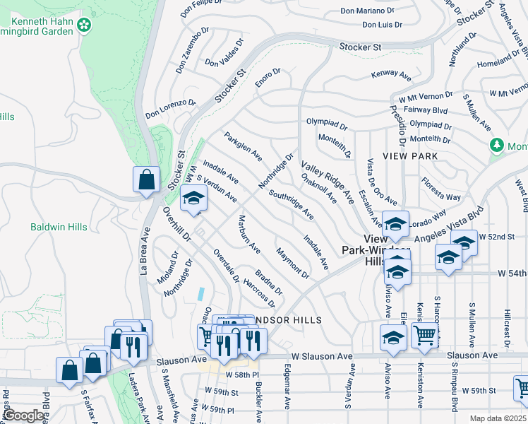 map of restaurants, bars, coffee shops, grocery stores, and more near 5033 Inadale Avenue in View Park-Windsor Hills
