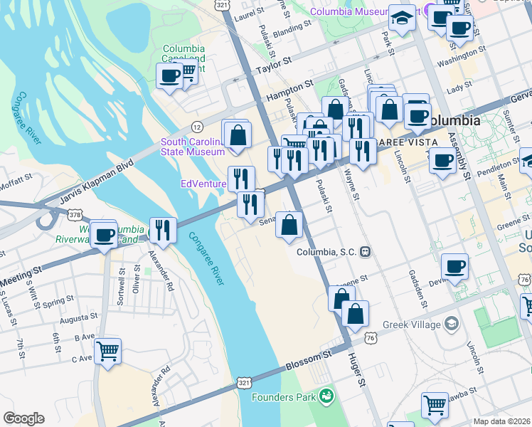 map of restaurants, bars, coffee shops, grocery stores, and more near 1107 Williams Street in Columbia