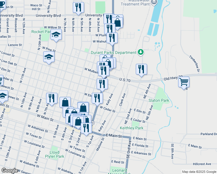 map of restaurants, bars, coffee shops, grocery stores, and more near 47 West Locust Street in Durant