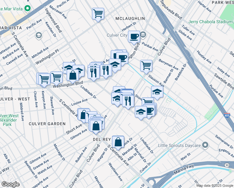 map of restaurants, bars, coffee shops, grocery stores, and more near 11937 Avon Way in Los Angeles
