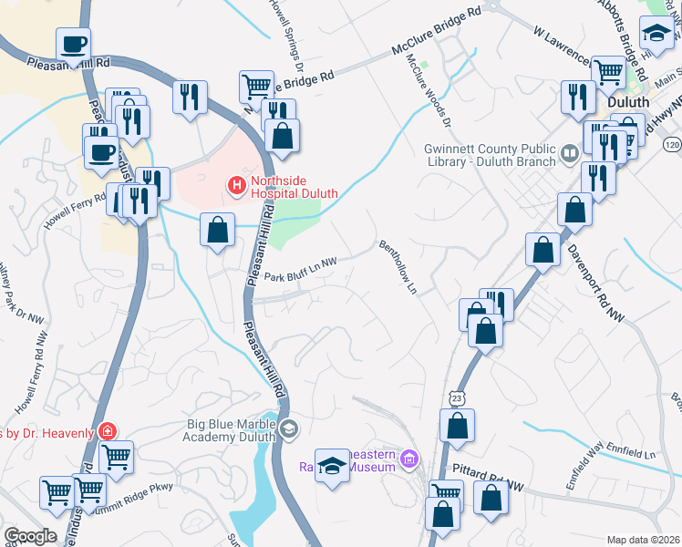 map of restaurants, bars, coffee shops, grocery stores, and more near 3681 Sunrise Lane in Duluth
