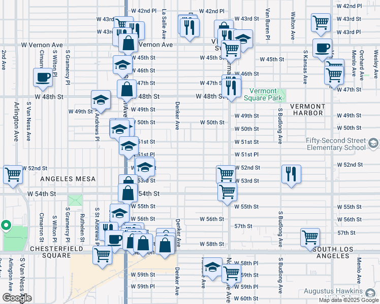 map of restaurants, bars, coffee shops, grocery stores, and more near 1531 West 51st Place in Los Angeles