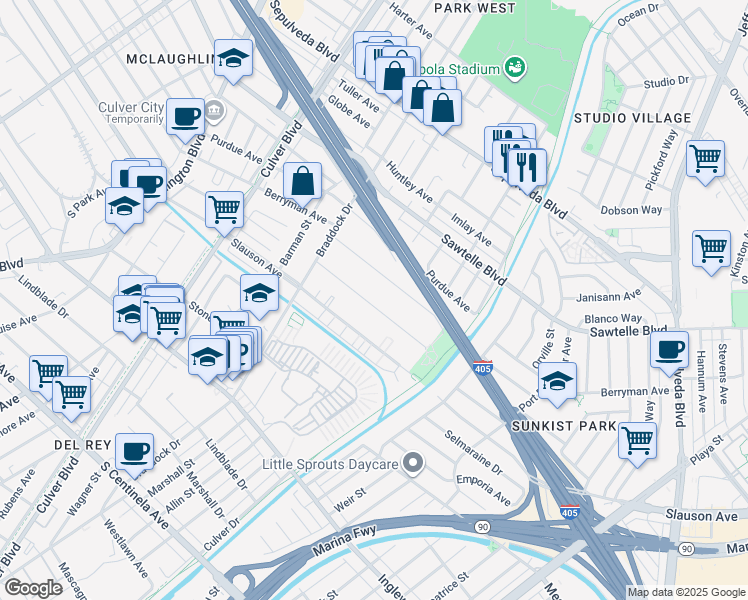 map of restaurants, bars, coffee shops, grocery stores, and more near 4826 Coolidge Avenue in Culver City