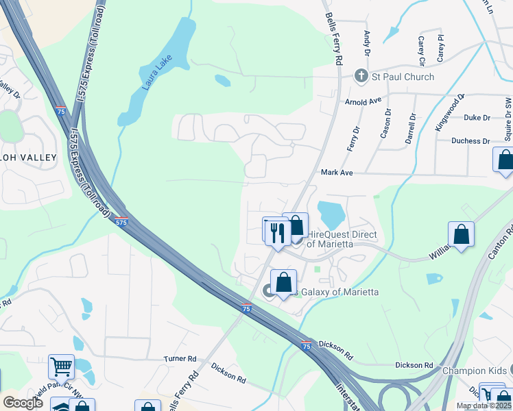 map of restaurants, bars, coffee shops, grocery stores, and more near 1857 Barrington Court in Marietta