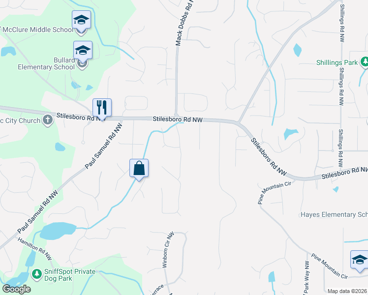 map of restaurants, bars, coffee shops, grocery stores, and more near 1736 Tisbury Drive Northwest in Kennesaw