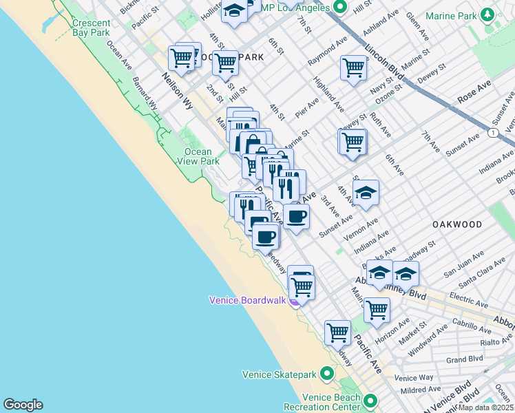 map of restaurants, bars, coffee shops, grocery stores, and more near 45 Ozone Avenue in Los Angeles