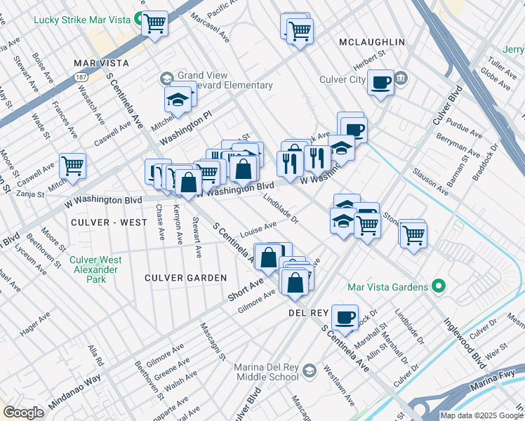 map of restaurants, bars, coffee shops, grocery stores, and more near 4266 Grand View Boulevard in Los Angeles