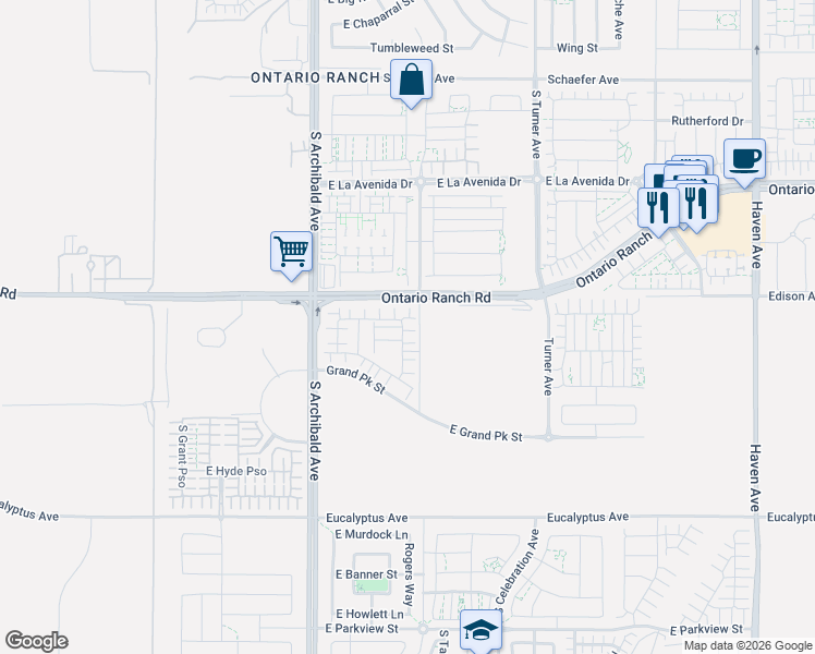 map of restaurants, bars, coffee shops, grocery stores, and more near 9811 Edison Avenue in Ontario