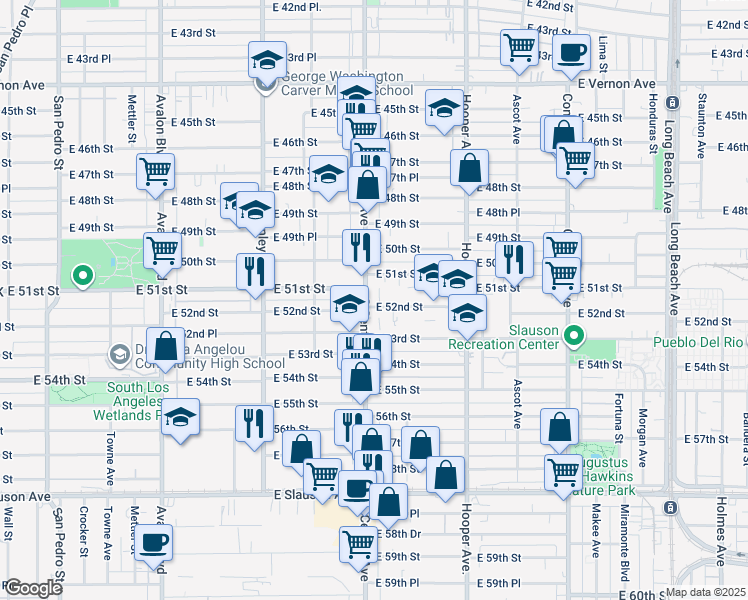map of restaurants, bars, coffee shops, grocery stores, and more near 1133 East 52nd Street in Los Angeles