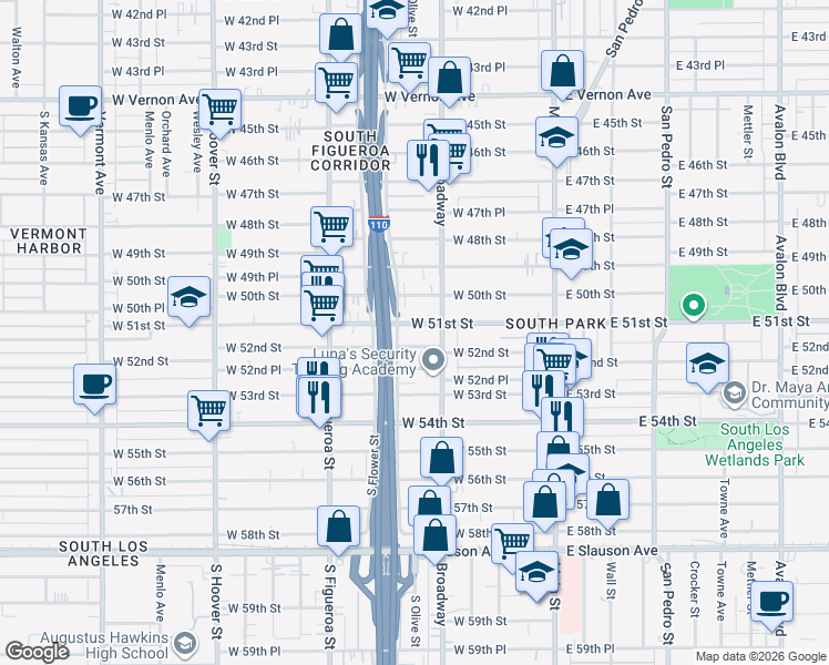map of restaurants, bars, coffee shops, grocery stores, and more near 331 West 52nd Street in Los Angeles