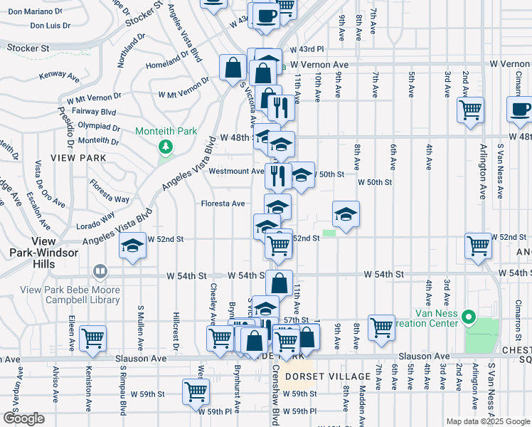 map of restaurants, bars, coffee shops, grocery stores, and more near 5126 South Victoria Avenue in Los Angeles