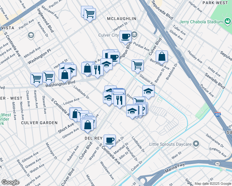 map of restaurants, bars, coffee shops, grocery stores, and more near 11919 Culver Boulevard in Los Angeles