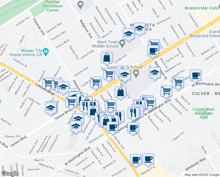 map of restaurants, bars, coffee shops, grocery stores, and more near 2418 Louella Avenue in Los Angeles