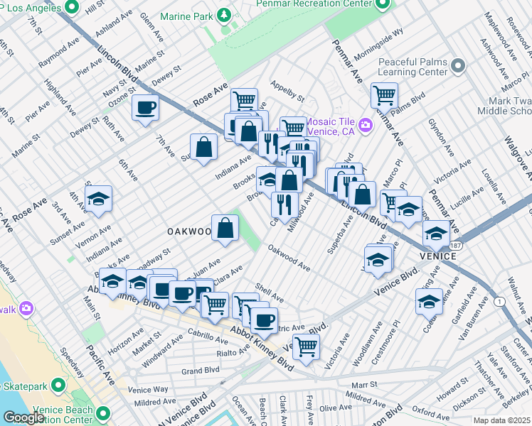 map of restaurants, bars, coffee shops, grocery stores, and more near 820 Broadway Street in Los Angeles