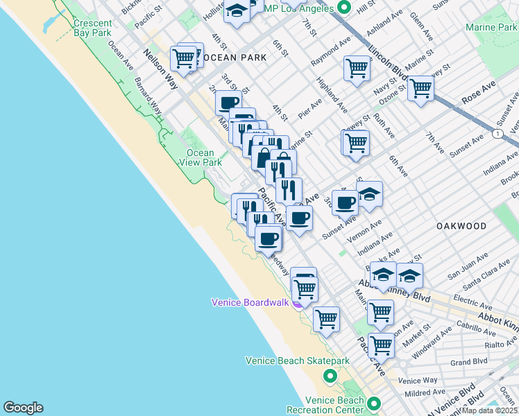 map of restaurants, bars, coffee shops, grocery stores, and more near 22 Navy Court in Los Angeles