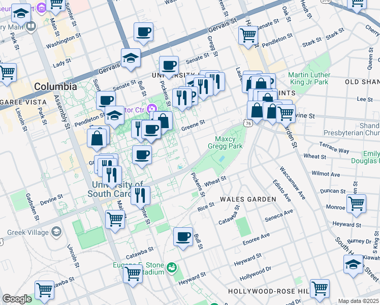map of restaurants, bars, coffee shops, grocery stores, and more near 616 Pickens Street in Columbia