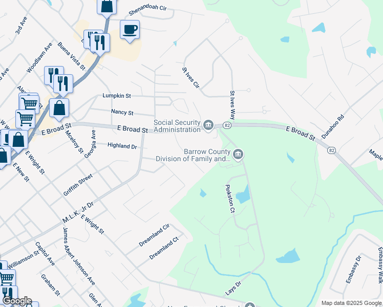 map of restaurants, bars, coffee shops, grocery stores, and more near in Winder