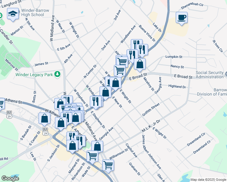 map of restaurants, bars, coffee shops, grocery stores, and more near 0 Jerome Street in Winder