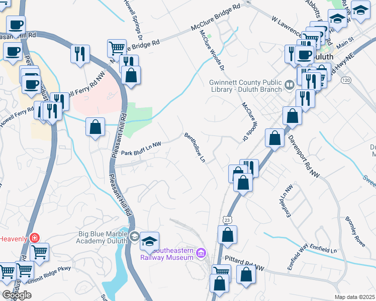 map of restaurants, bars, coffee shops, grocery stores, and more near 3454 Benthollow Lane in Duluth