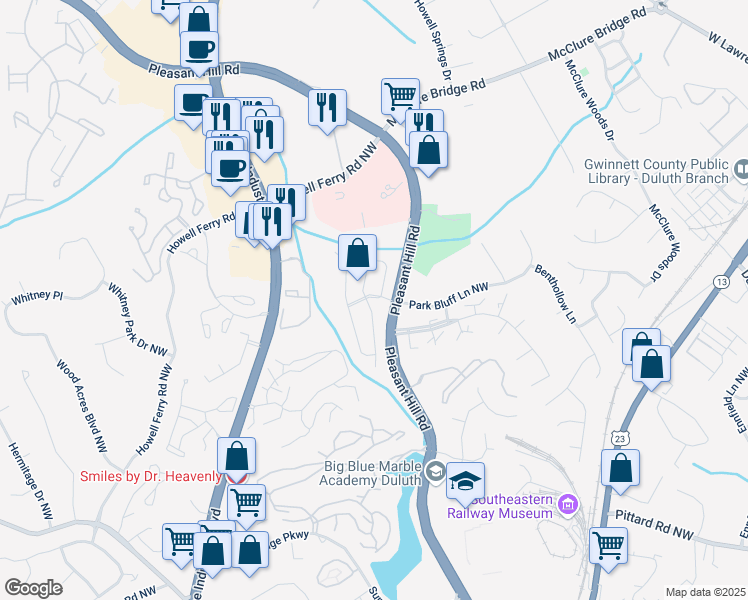 map of restaurants, bars, coffee shops, grocery stores, and more near 3697 East Bay Street in Duluth