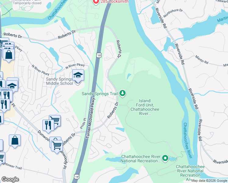 map of restaurants, bars, coffee shops, grocery stores, and more near 8833 Applegate Lane in Atlanta