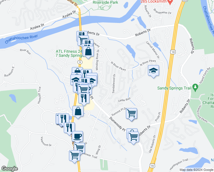 map of restaurants, bars, coffee shops, grocery stores, and more near 304 Sandalwood Drive in Sandy Springs