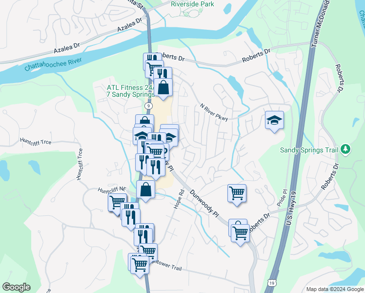 map of restaurants, bars, coffee shops, grocery stores, and more near 215 Winding River Drive in Sandy Springs