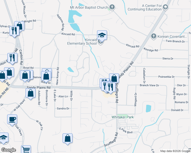 map of restaurants, bars, coffee shops, grocery stores, and more near 2088 Drogheda Lane in Marietta