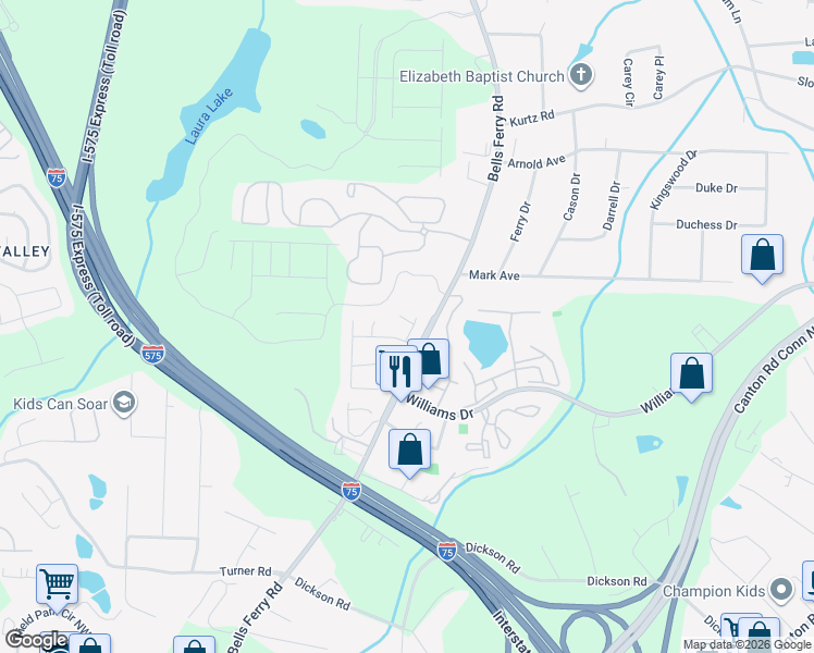 map of restaurants, bars, coffee shops, grocery stores, and more near 129 Bridge View Drive in Marietta