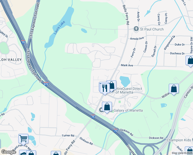 map of restaurants, bars, coffee shops, grocery stores, and more near 1857 Barrington Court in Marietta