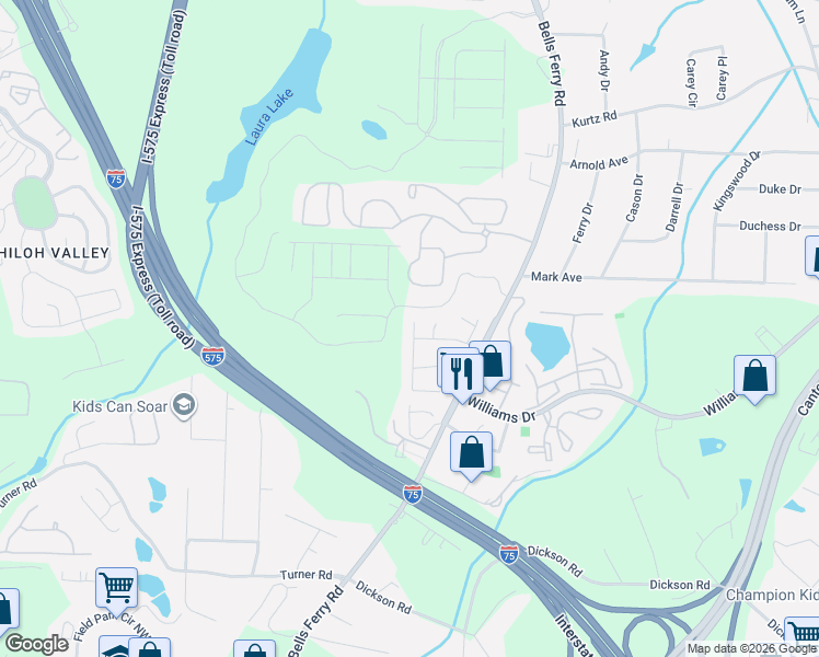 map of restaurants, bars, coffee shops, grocery stores, and more near 1853 Barrington Court in Marietta