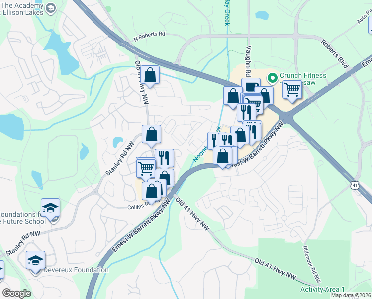 map of restaurants, bars, coffee shops, grocery stores, and more near 4381 Wooded Oaks Northwest in Kennesaw