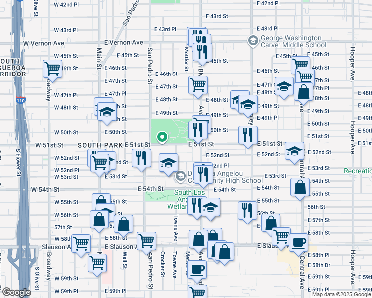 map of restaurants, bars, coffee shops, grocery stores, and more near 420 East 51st Street in Los Angeles