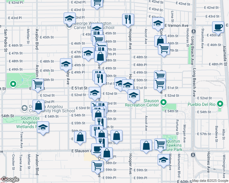 map of restaurants, bars, coffee shops, grocery stores, and more near 1187 East 52nd Street in Los Angeles