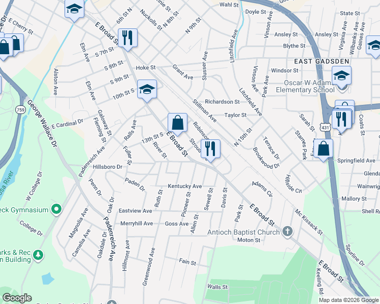 map of restaurants, bars, coffee shops, grocery stores, and more near 101 14th Street North in Gadsden