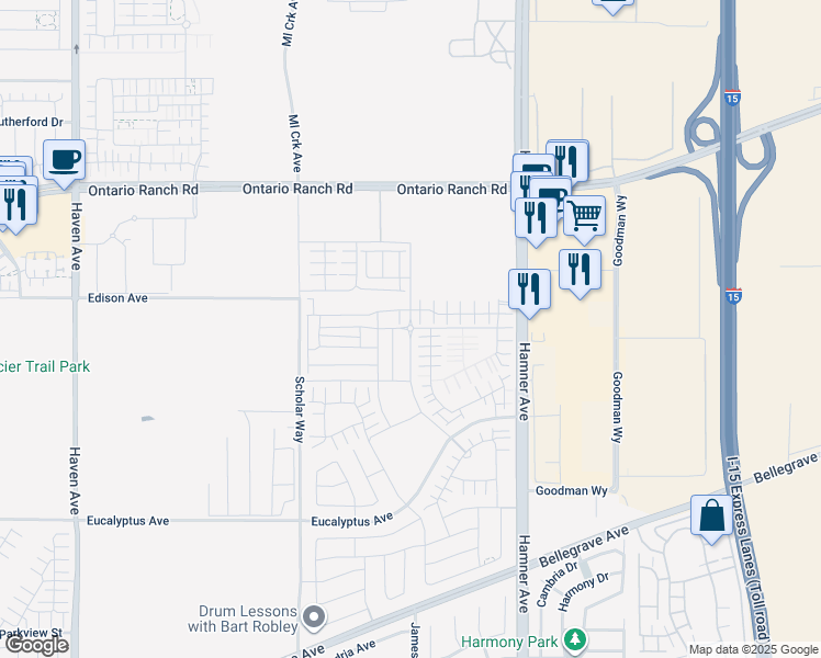 map of restaurants, bars, coffee shops, grocery stores, and more near Clifton Avenue in Ontario