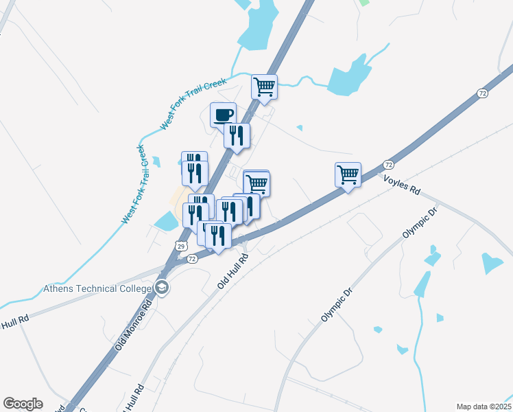 map of restaurants, bars, coffee shops, grocery stores, and more near 700 U.S. 29 in Athens