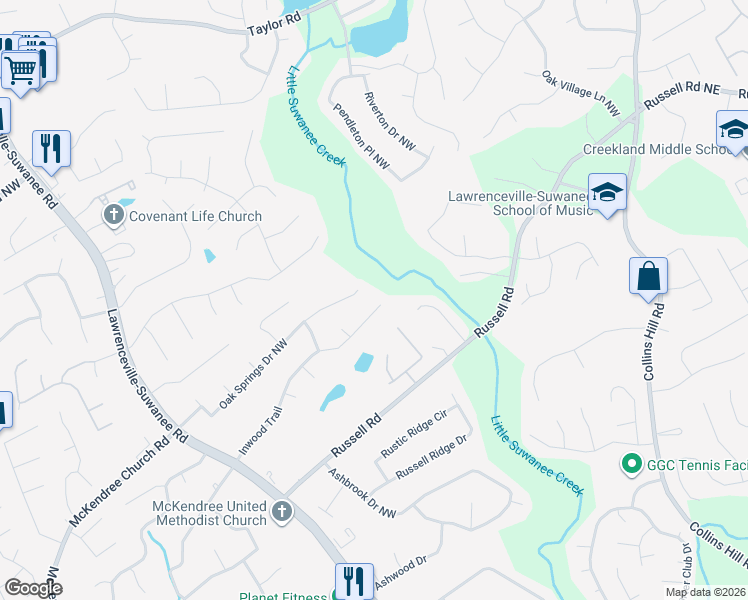map of restaurants, bars, coffee shops, grocery stores, and more near 271 Inwood Trail in Lawrenceville