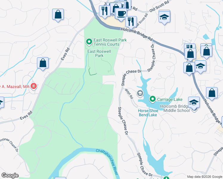 map of restaurants, bars, coffee shops, grocery stores, and more near 8825 Torrington Dr in Roswell