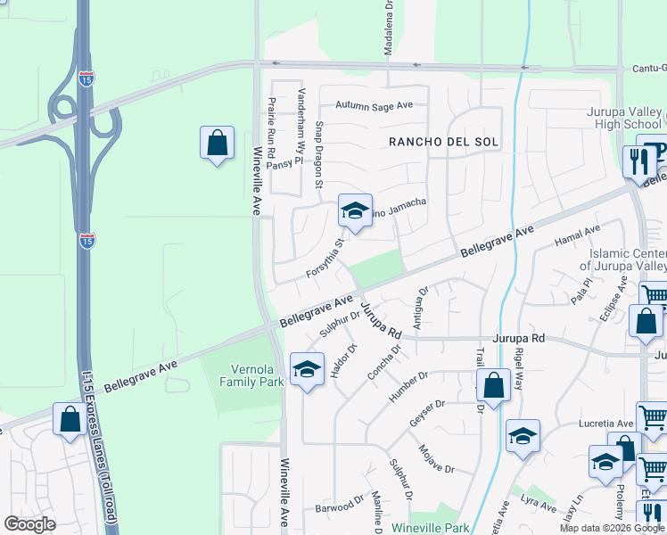 map of restaurants, bars, coffee shops, grocery stores, and more near 5005 Violas Court in Jurupa Valley
