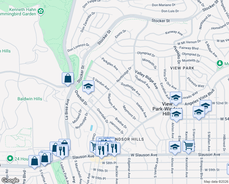 map of restaurants, bars, coffee shops, grocery stores, and more near 5018 South Verdun Avenue in View Park-Windsor Hills