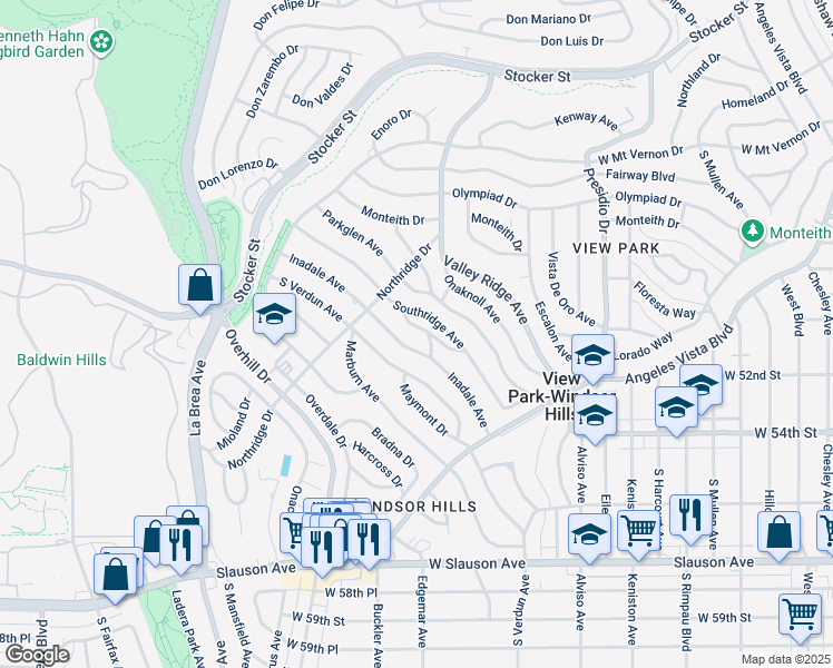 map of restaurants, bars, coffee shops, grocery stores, and more near 5057 Inaglen Way in View Park-Windsor Hills
